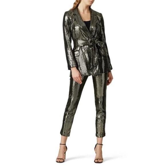 Badgley Mischka Sequin Gold Slim Fitted Stretch Sparkle Side Zip Pants size 16 - Picture 2 of 11